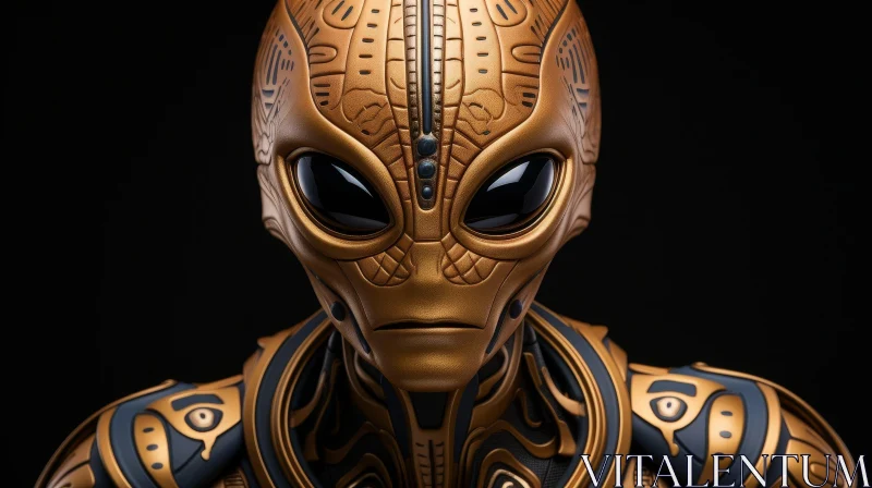 Alien Head 3D Rendering in Gold and Black Armor AI Image