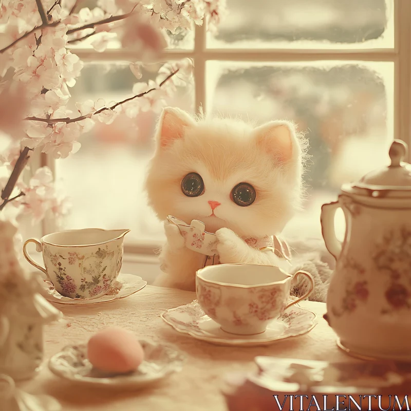 Charming Kitten in Cozy Vintage Tea Setting AI Image