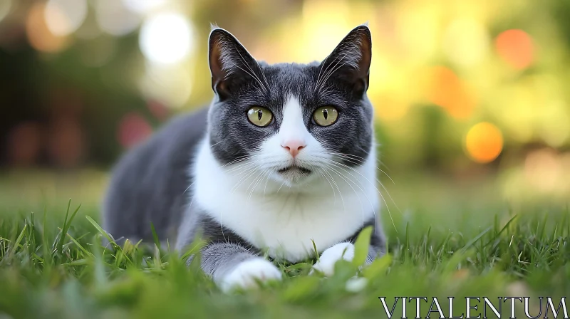 Curious Grey and White Cat Resting Outdoors on Fresh Grass AI Image