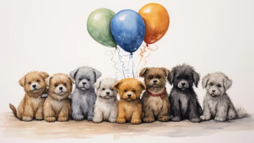 Charming Watercolor Puppies with Balloons Artwork