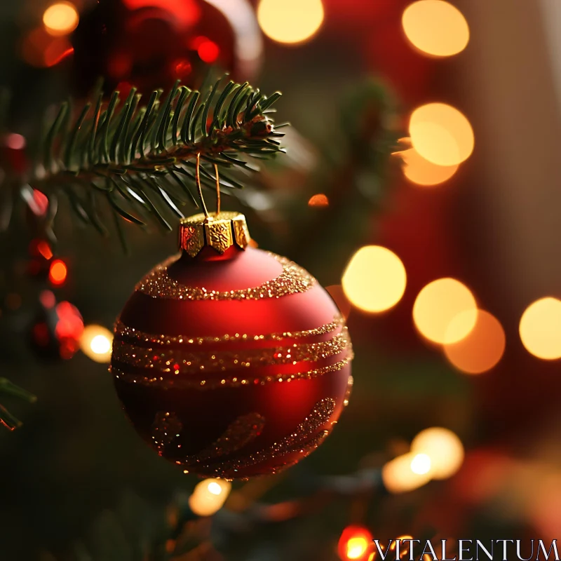 Red Christmas Ornament with Gold Glitter and Glowing Lights AI Image