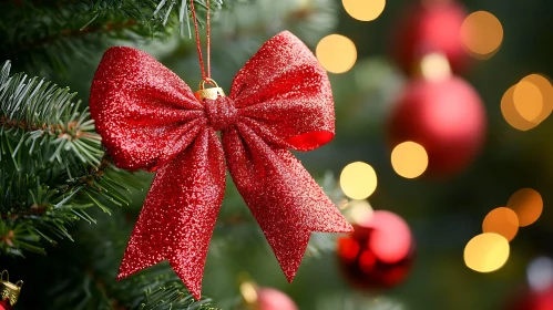 Festive Red Ornament on Christmas Tree