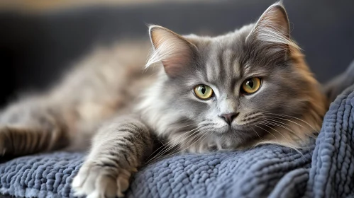 Fluffy Grey Cat Relaxing on a Blanket