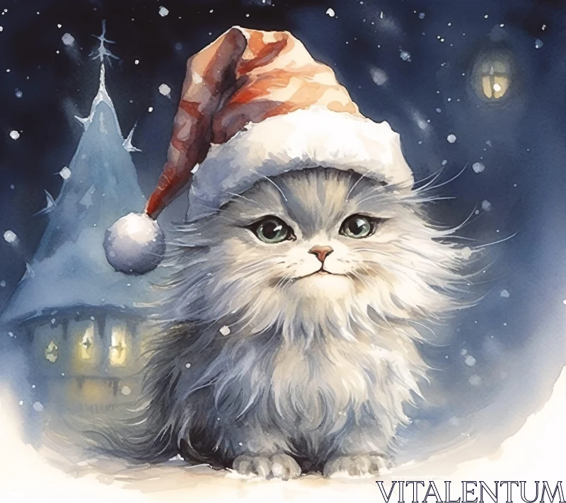 Cute Gray Kitten with Santa Hat in Winter AI Image