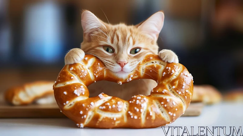 Cute Kitten Holding a Pretzel AI Image