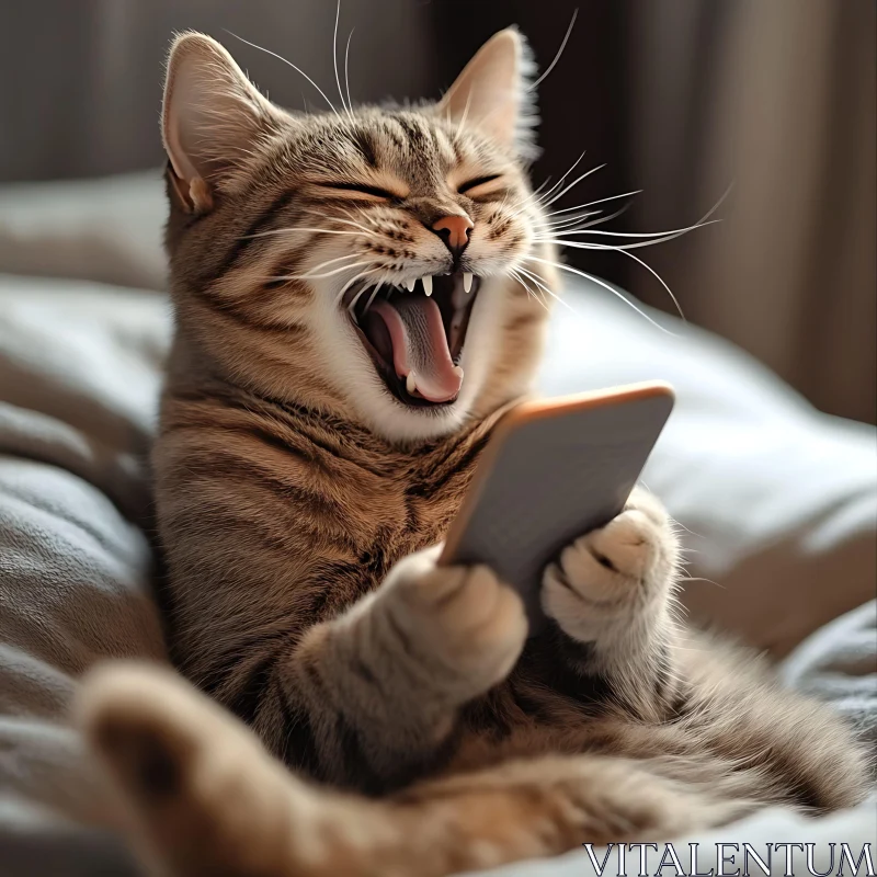 Cute Cat Holding Phone and Laughing AI Image