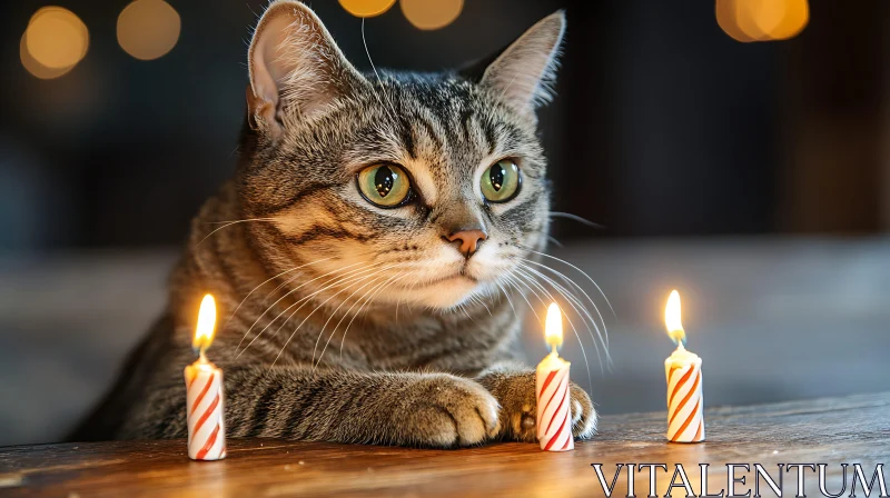 Cute Cat Observing Birthday Candles AI Image