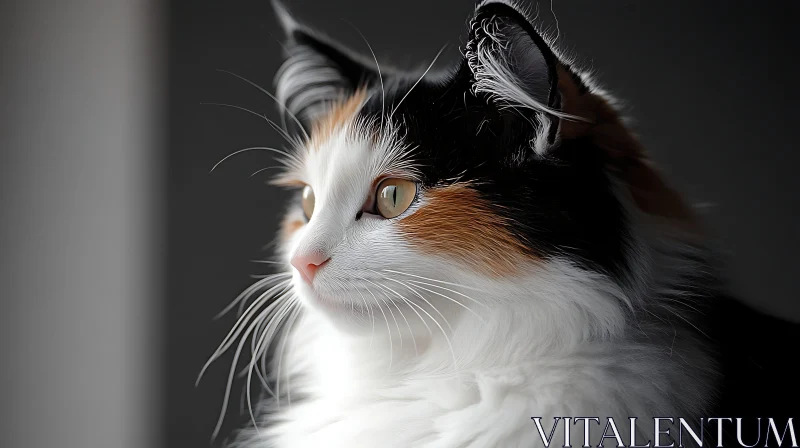 Detailed Portrait of a Calico Cat with Prominent Whiskers AI Image