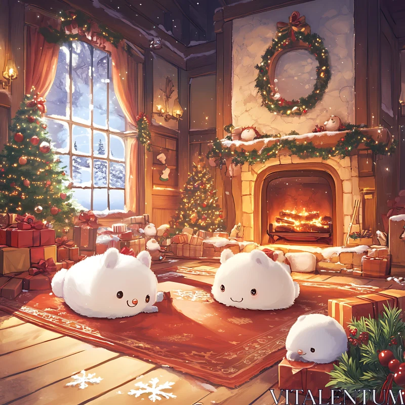 Warm Christmas Room with Fire and Decorations AI Image