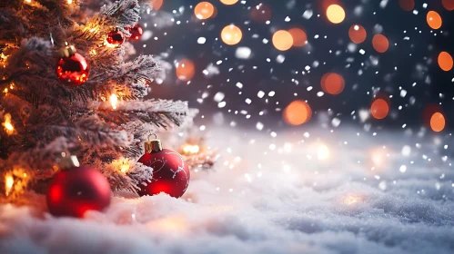 Festive Christmas Tree with Red Ornaments and Snow