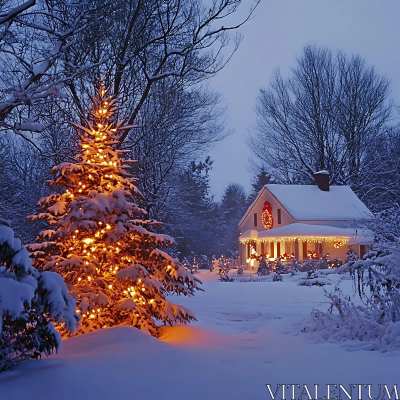 AI ART Snowy Winter Home with Holiday Lights