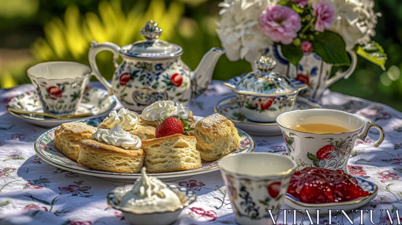 Elegant Afternoon Tea Table Setting with Scones and Flowers AI Image