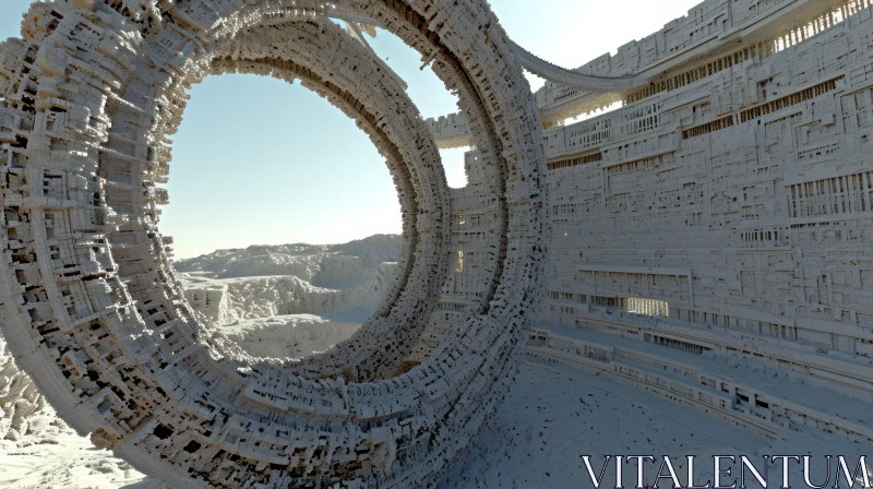 Futuristic Circular Structure in Front of Mountain | Industrial Fragments | Intricately Textured AI Image