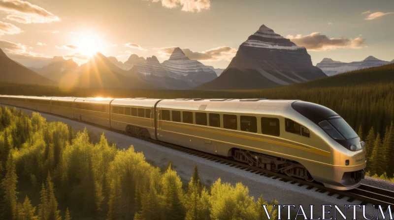 Golden Bullet Train Racing Through Majestic Mountains | Contemporary Canadian Art AI Image