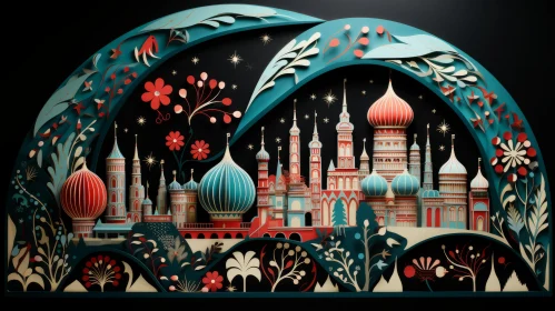 Intricate Paper Cut City Art | Dark Aquamarine & Crimson