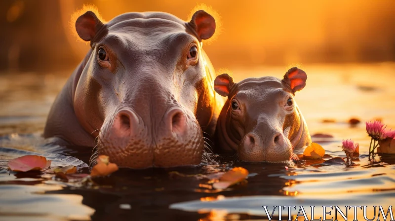 AI ART Mother and Calf Hippopotamus Close-up in River