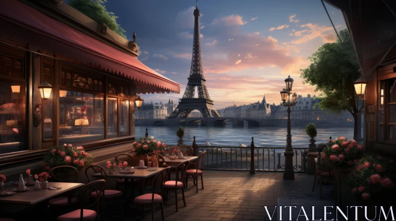 Romantic Riverside Cafe View with Eiffel Tower Background AI Image