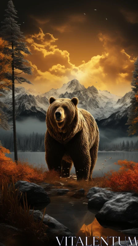Serene Bear in Mountain Landscape Artwork AI Image