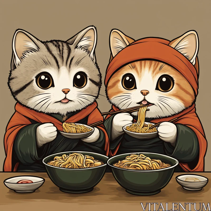 Cats Enjoying Noodles in Monk Costumes AI Image