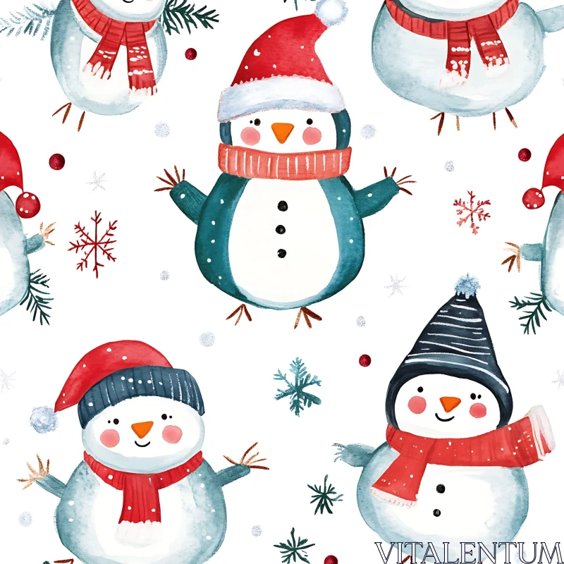 Festive Snowmen and Penguins Pattern AI Image