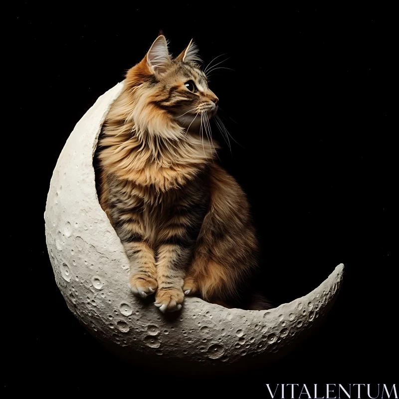 Whimsical Cat on a Textured Crescent Moon AI Image