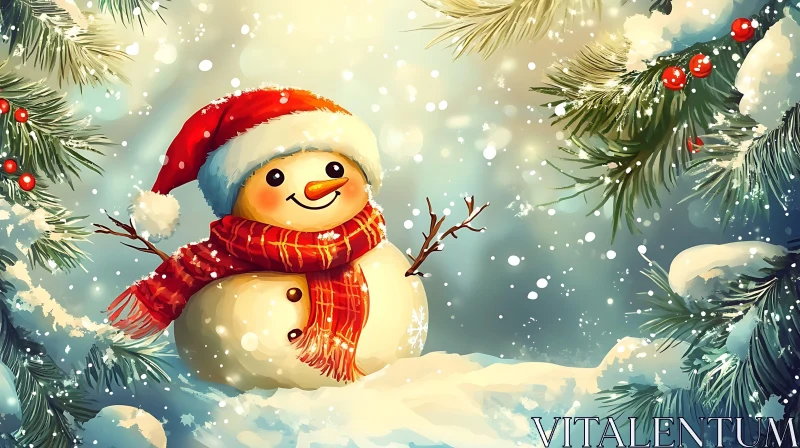 Festive Snowman with Santa Hat and Scarf AI Image