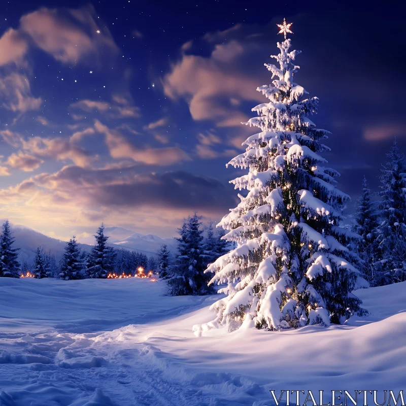 Christmas Tree in a Serene Winter Evening AI Image