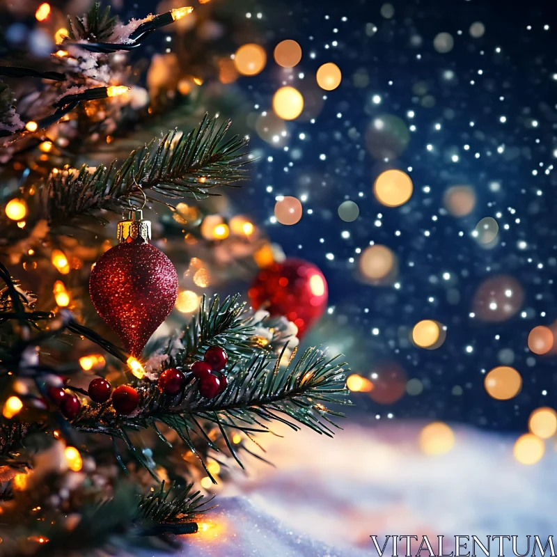 Festive Christmas Tree Close-up with Ornaments and Lights AI Image