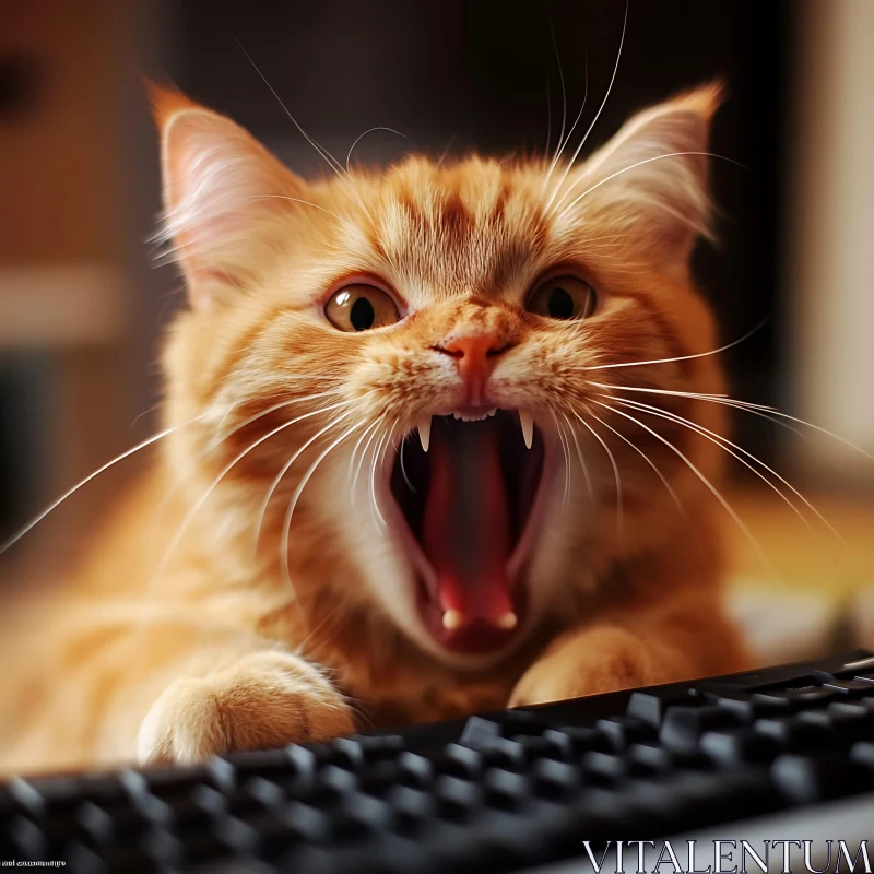 Yawning Orange Tabby Cat by Computer Keyboard AI Image