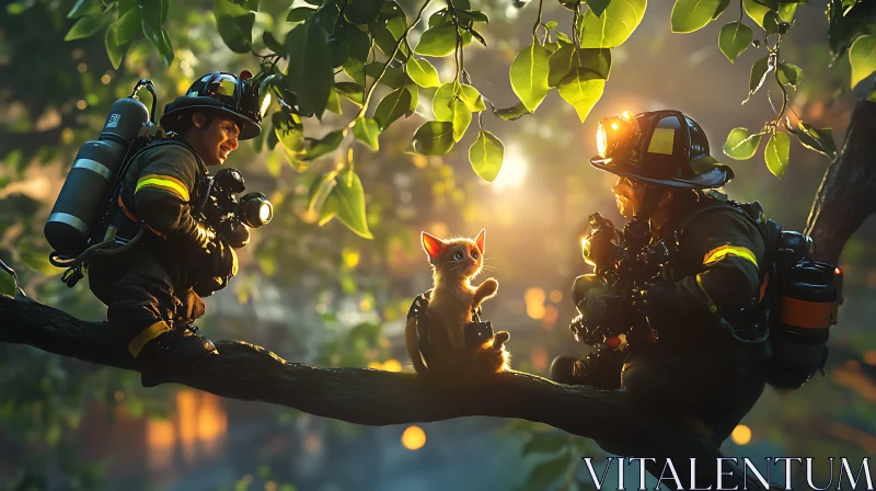 Heroic Firefighters and Cat in Tree Rescue Mission AI Image