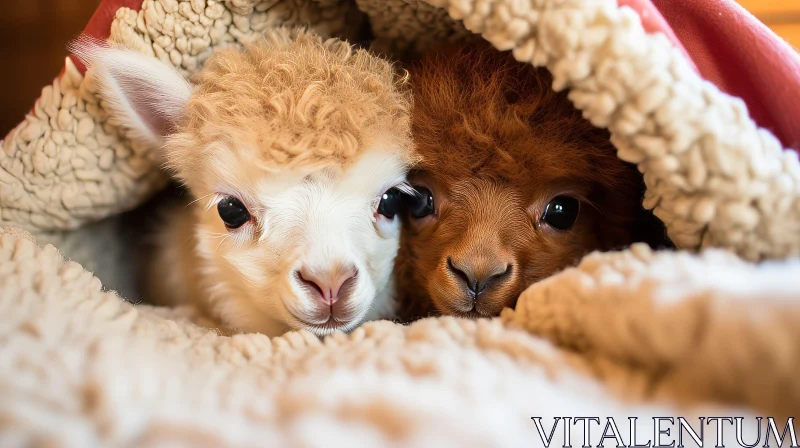 Adorable Alpaca Crias Peeking from Fluffy Blanket AI Image