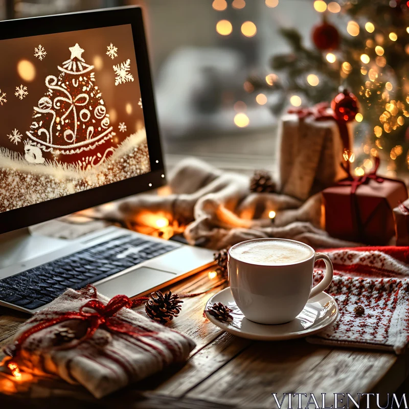 Festive Christmas Decor with Coffee and Laptop AI Image