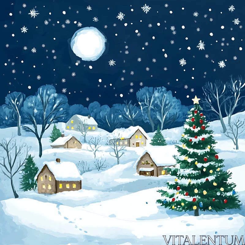 AI ART Charming Snowy Christmas Village at Night