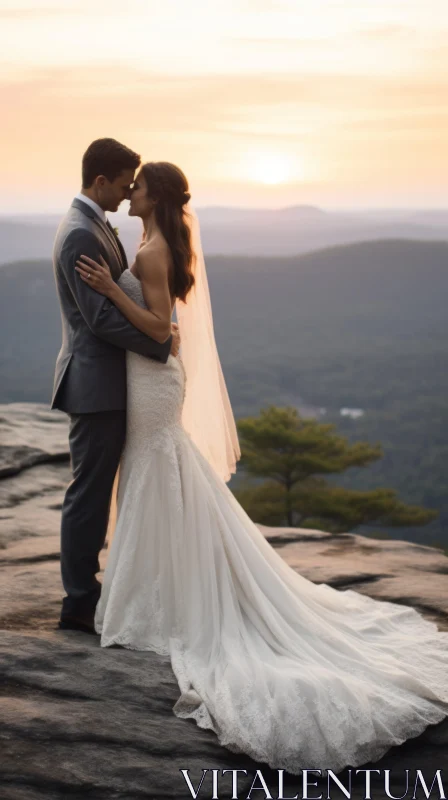 Bride and Groom at Sunset: A Mountainous Vistas Elegance AI Image