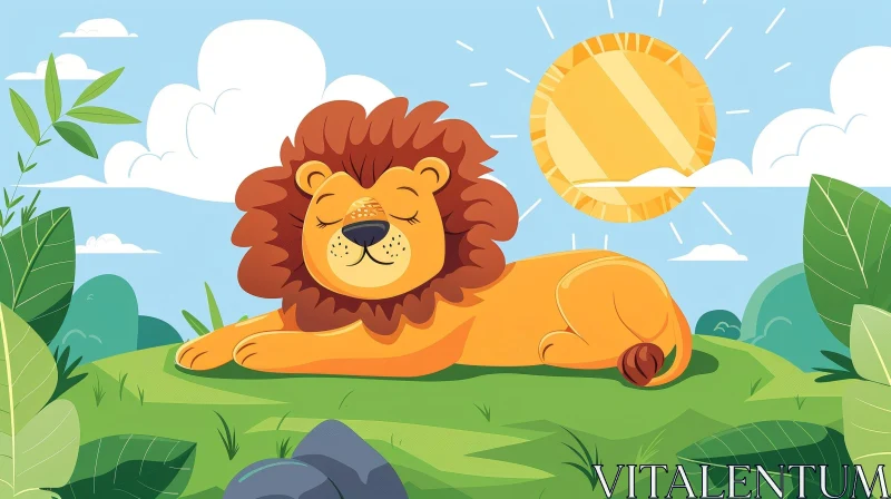 Cartoon Lion Sleeping on Green Hill AI Image