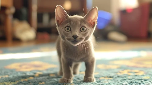 Curious Grey Kitten in Sunlit Room