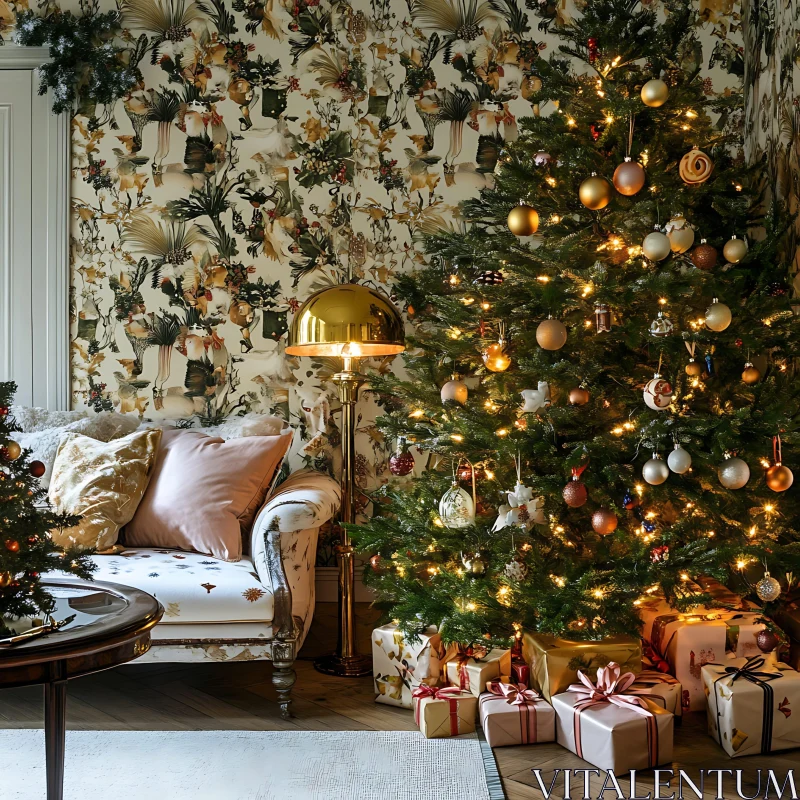 Festive Holiday Living Room with Christmas Tree and Gifts AI Image