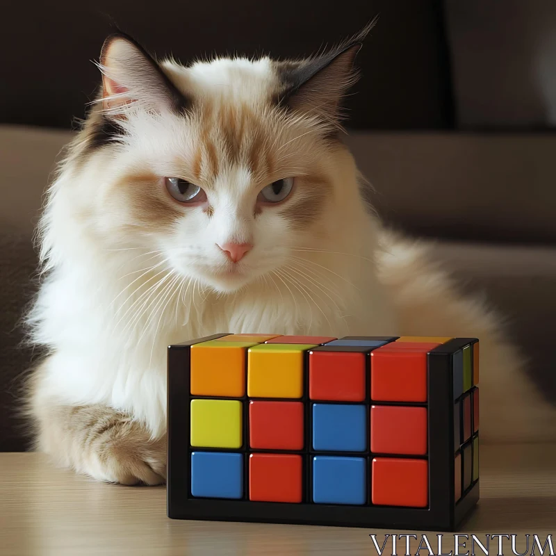 AI ART Fluffy Cat and a Colorful Puzzle Cube