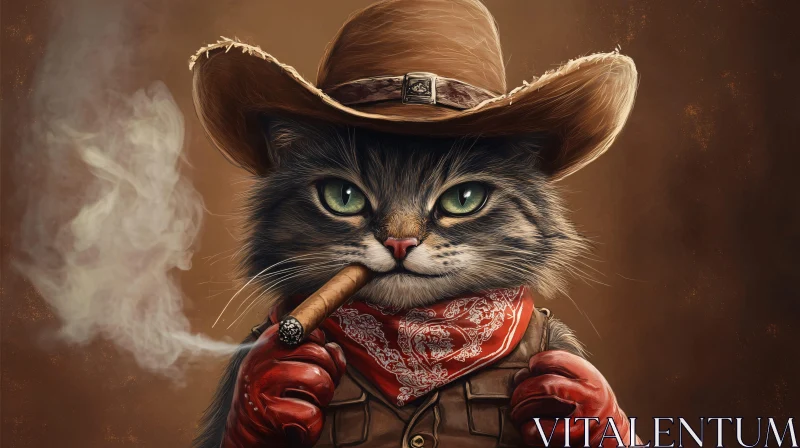 Feline Cowboy Smoking Cigar AI Image