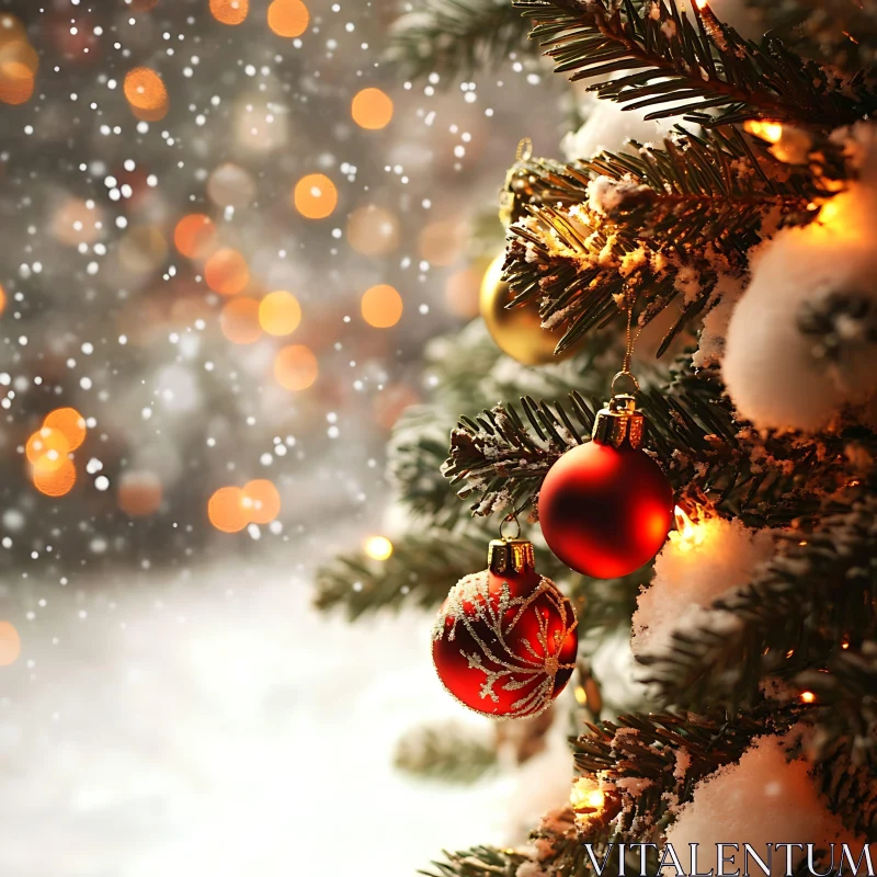 Snow-Covered Christmas Tree with Festive Ornaments AI Image