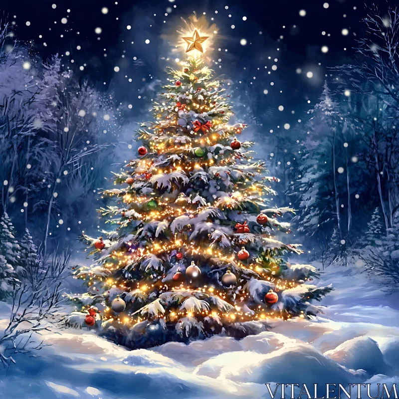 AI ART Enchanting Nighttime Christmas Tree in Winter Wonderland