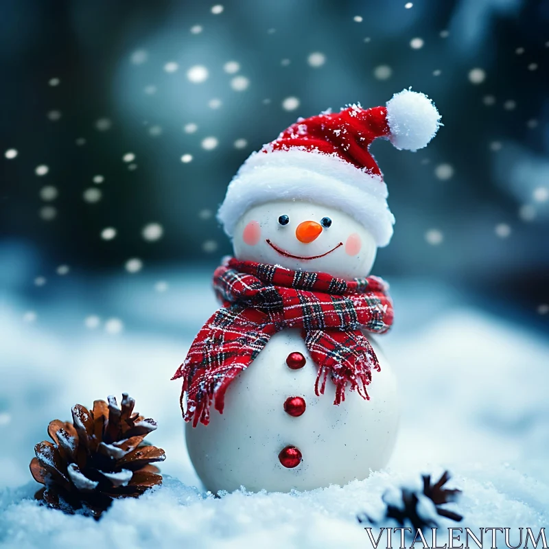 Snowman with Santa Hat and Plaid Scarf AI Image