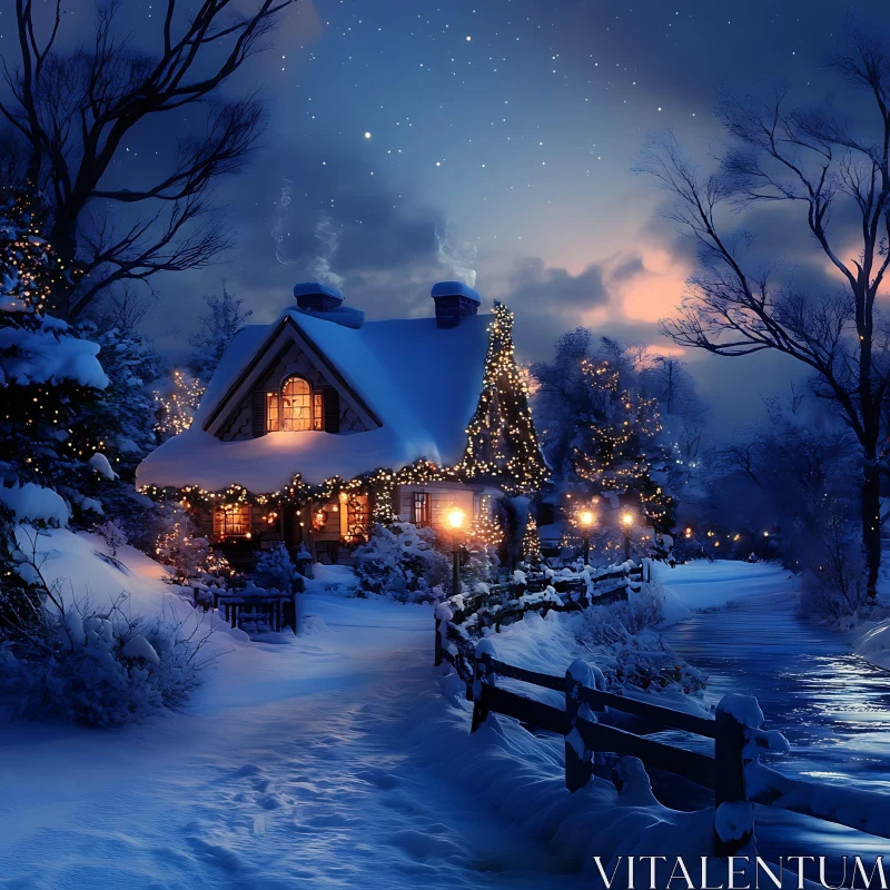 Lit Cabin in Snowy Winter Night AI Image