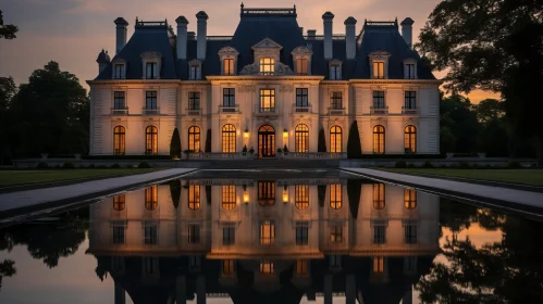 Elegant Chateau Mirrored in Pond at Dusk