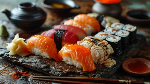 Exquisite Sushi Delights on Black Stone Plate - Japanese Cuisine