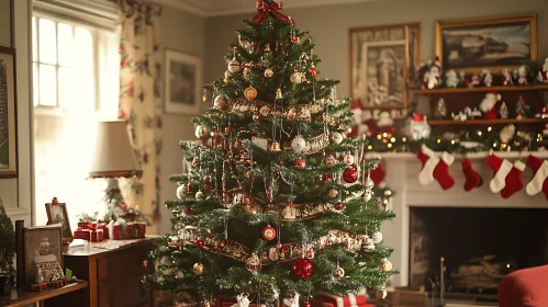 Festive Living Room with Christmas Tree and Decorations