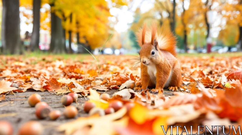 Graceful Red Squirrel amidst Fallen Leaves | Serene Park AI Image