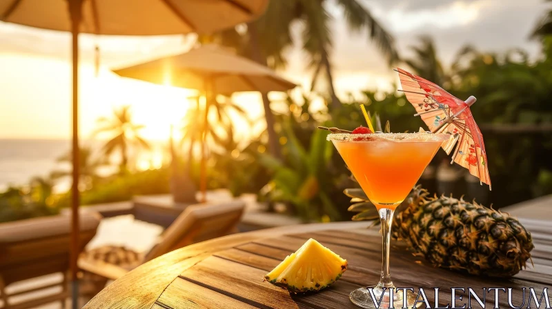 Refreshing Tropical Cocktail with Cherry and Umbrella by the Pool AI Image