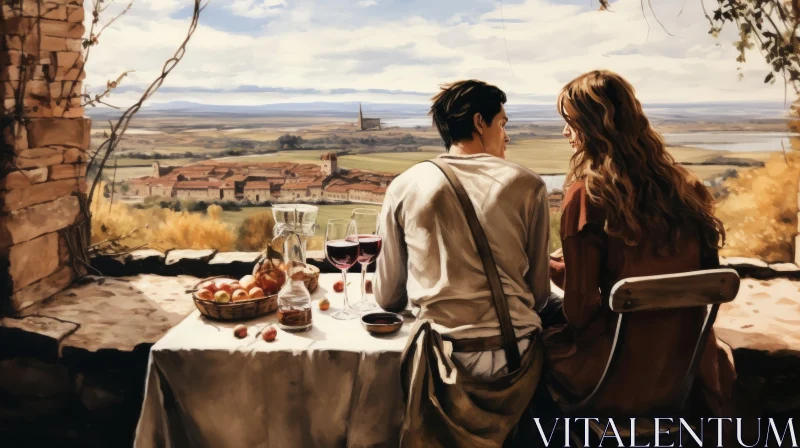 Romantic Oil Painting: A Couple at a Table Overlooking the Countryside AI Image