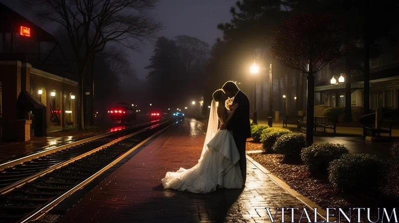 Tranquil Night Wedding Scene by Train Tracks AI Image